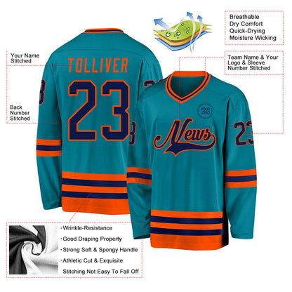 Custom Teal Navy-Orange Hockey Jersey