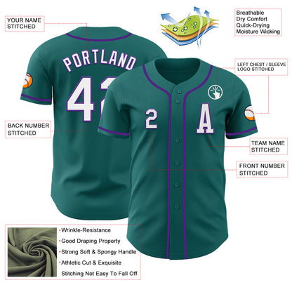 Custom Teal White-Purple Authentic Baseball Jersey