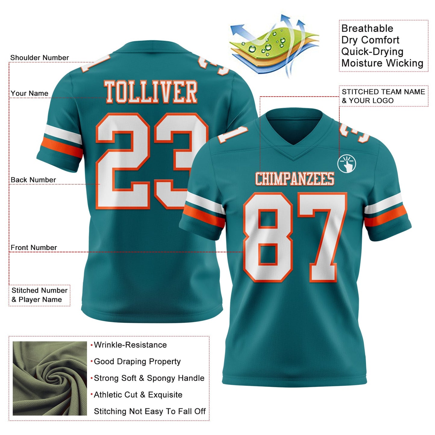 Custom Teal White-Orange Mesh Authentic Football Jersey
