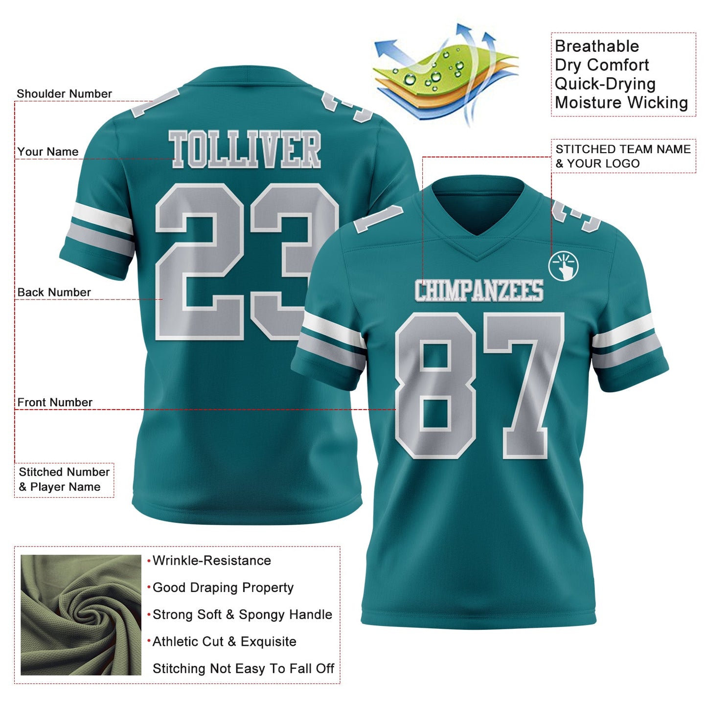 Custom Teal Gray-White Mesh Authentic Football Jersey