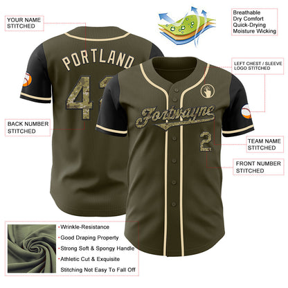 Custom Olive Camo Black-Cream Authentic Salute To Service Two Tone Baseball Jersey