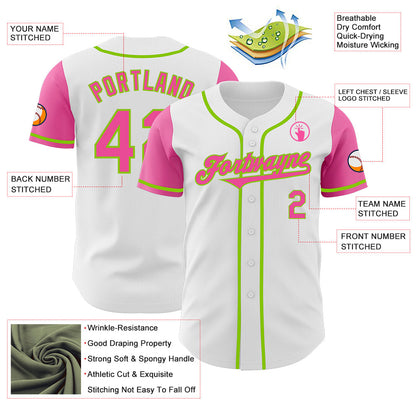 Custom White Pink-Neon Green Authentic Two Tone Baseball Jersey