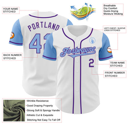 Custom White Light Blue-Purple Authentic Two Tone Baseball Jersey
