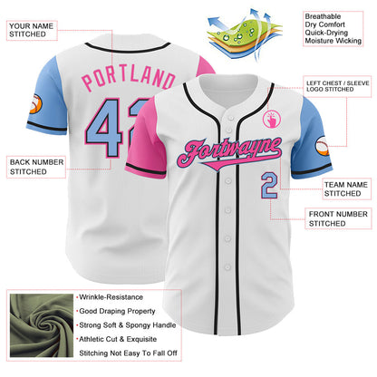 Custom White Light Blue Black-Pink Authentic Two Tone Baseball Jersey