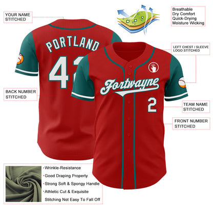 Custom Red White-Teal Authentic Two Tone Baseball Jersey