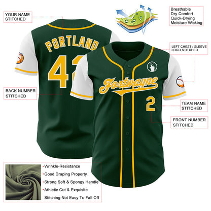 Custom Green Gold-White Authentic Two Tone Baseball Jersey