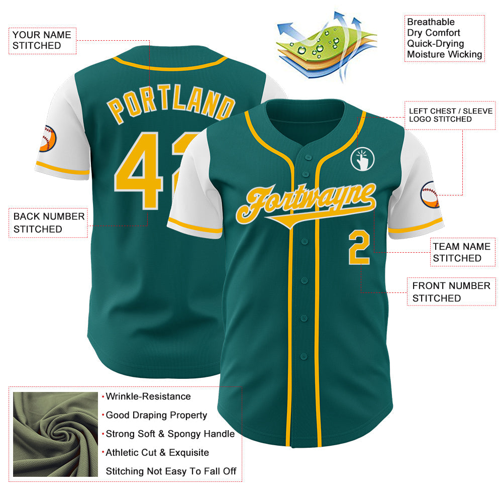 Custom Teal Gold-White Authentic Two Tone Baseball Jersey