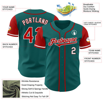 Custom Teal Red-White Authentic Two Tone Baseball Jersey