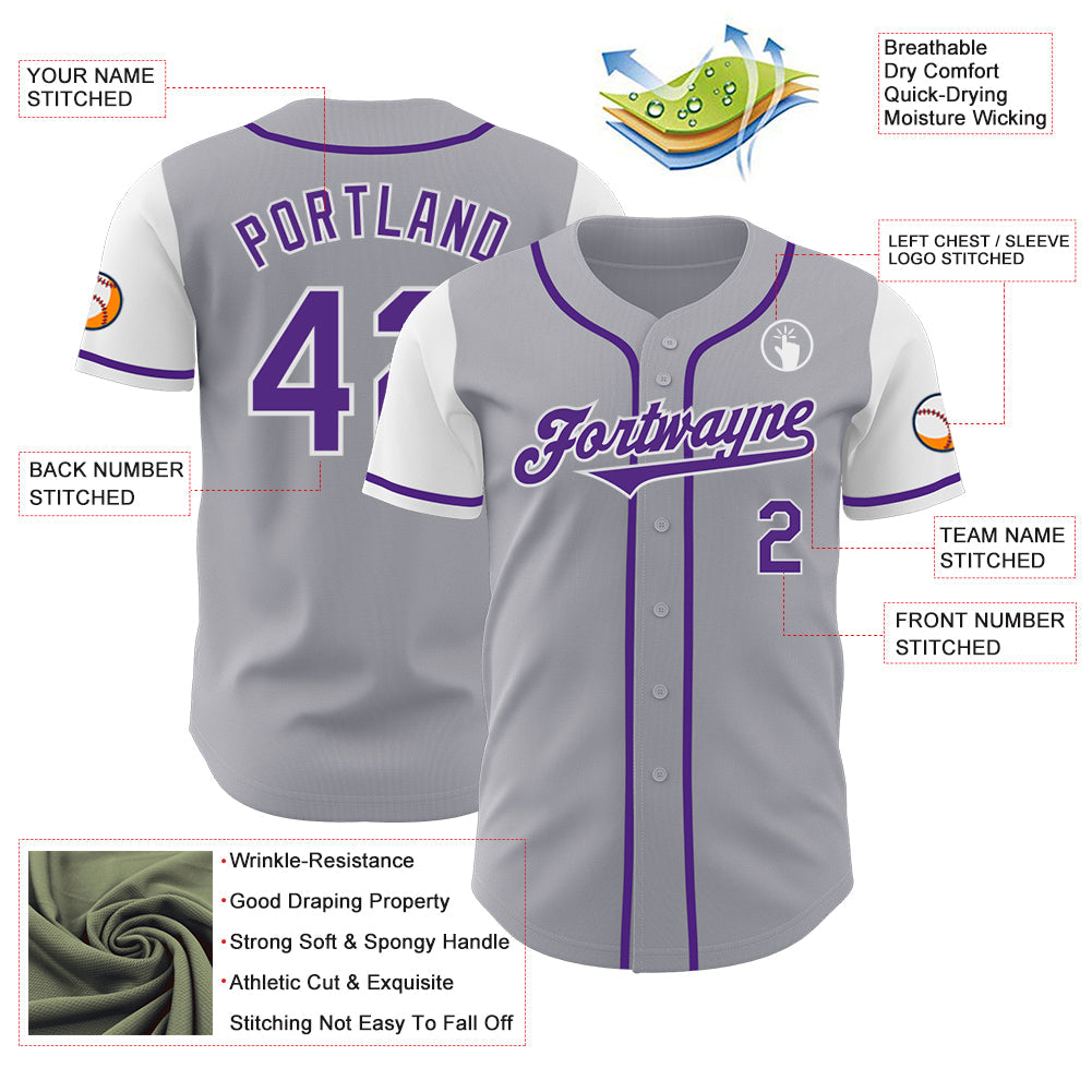 Custom Gray Purple-White Authentic Two Tone Baseball Jersey