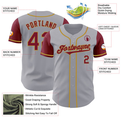 Custom Gray Crimson-Old Gold Authentic Two Tone Baseball Jersey