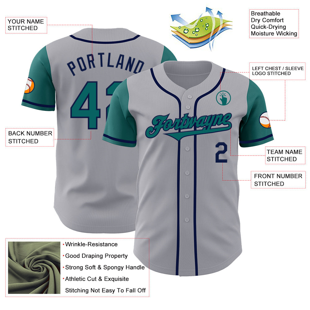 Custom Gray Teal-Navy Authentic Two Tone Baseball Jersey