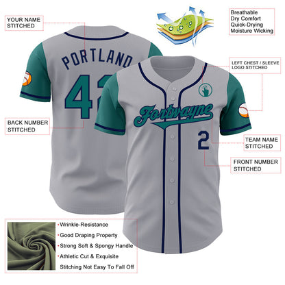 Custom Gray Teal-Navy Authentic Two Tone Baseball Jersey