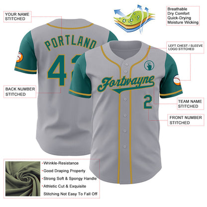Custom Gray Teal-Old Gold Authentic Two Tone Baseball Jersey