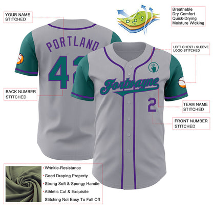Custom Gray Teal-Purple Authentic Two Tone Baseball Jersey