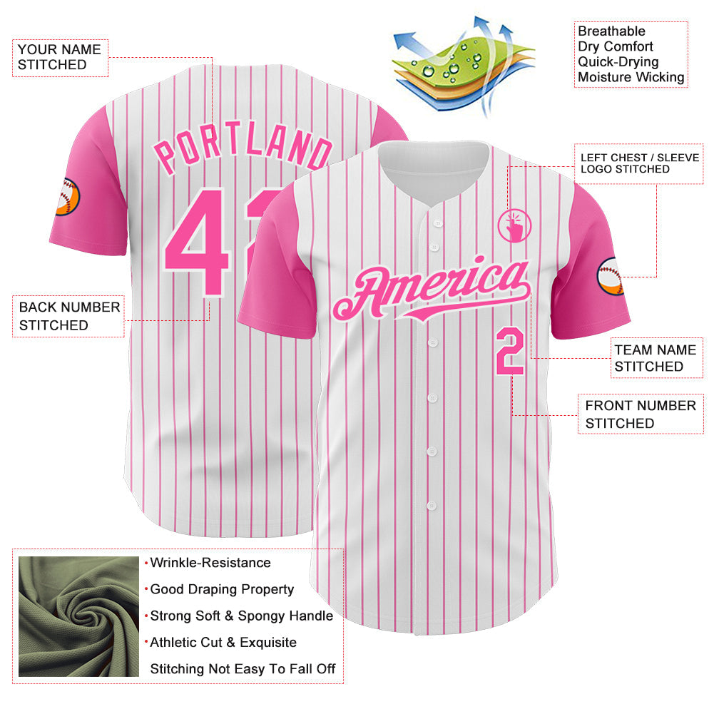 Custom White Pink Pinstripe Pink Authentic Two Tone Baseball Jersey