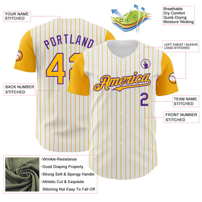 Custom White Gold Pinstripe Purple Authentic Two Tone Baseball Jersey