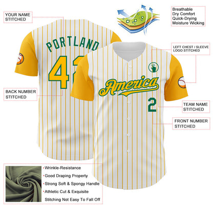 Custom White Gold Pinstripe Kelly Green Authentic Two Tone Baseball Jersey