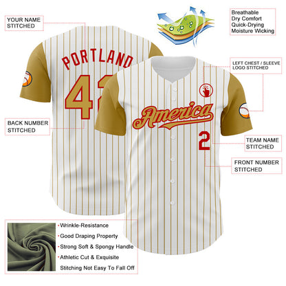 Custom White Old Gold Pinstripe Red Authentic Two Tone Baseball Jersey