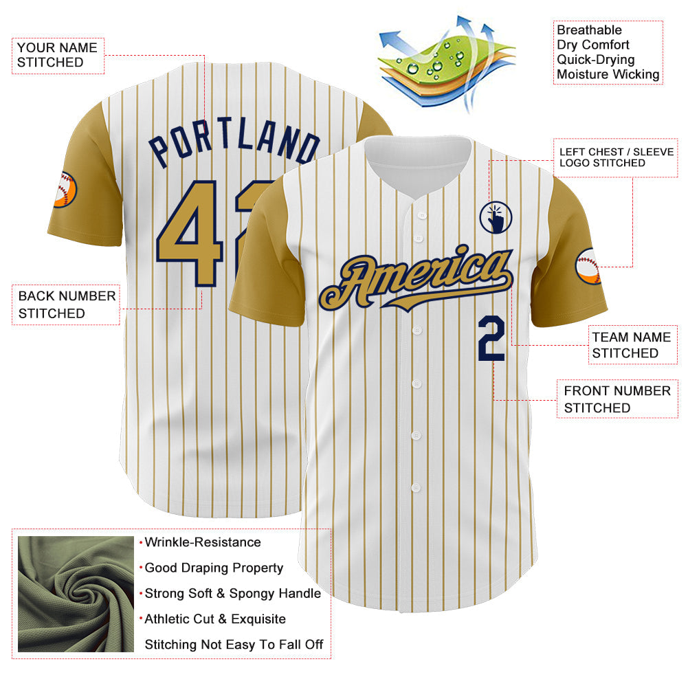 Custom White Old Gold Pinstripe Navy Authentic Two Tone Baseball Jersey