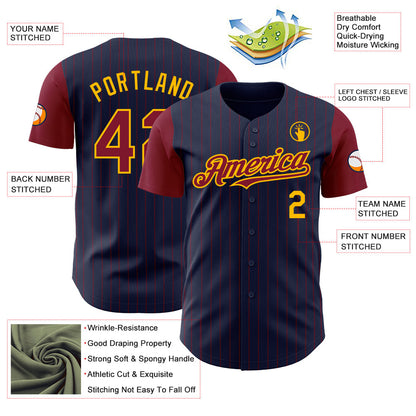 Custom Navy Crimson Pinstripe Gold Authentic Two Tone Baseball Jersey