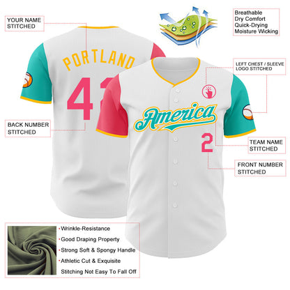 Custom White Neon Pink Aqua-Gold Authentic Two Tone Baseball Jersey