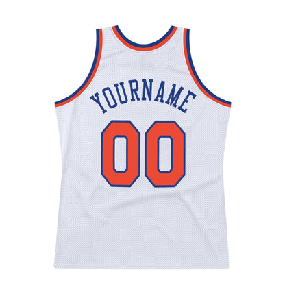 Custom White Orange-Royal Authentic Throwback Basketball Jersey