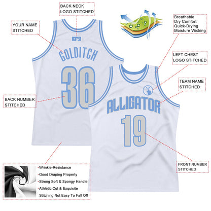 Custom White Light Gray-Light Blue Authentic Throwback Basketball Jersey