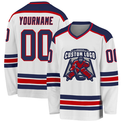 Custom White Navy-Red Hockey Jersey