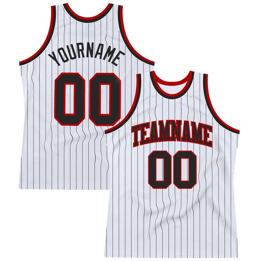 Custom White Black Pinstripe Black-Red Authentic Basketball Jersey