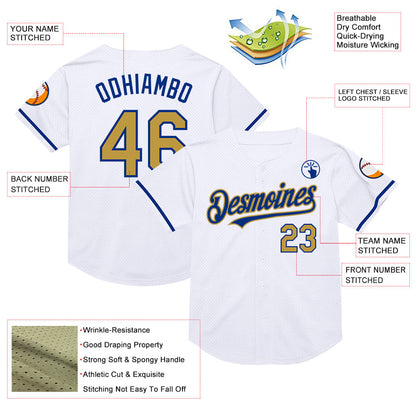 Custom White Old Gold-Royal Mesh Authentic Throwback Baseball Jersey
