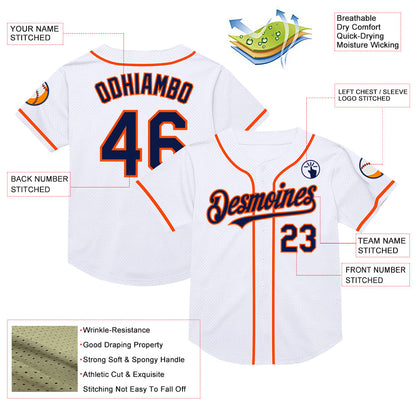 Custom White Navy-Orange Mesh Authentic Throwback Baseball Jersey
