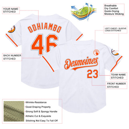 Custom White Orange-Gray Mesh Authentic Throwback Baseball Jersey
