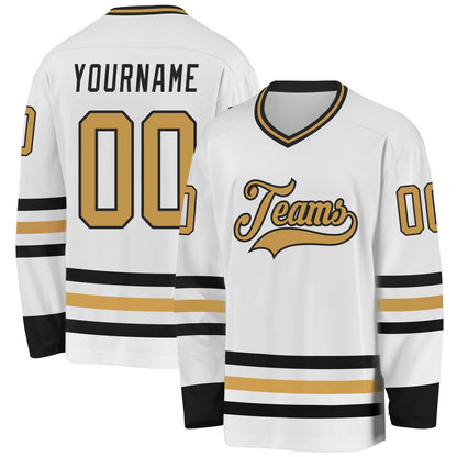 Custom White Old Gold-Black Hockey Jersey