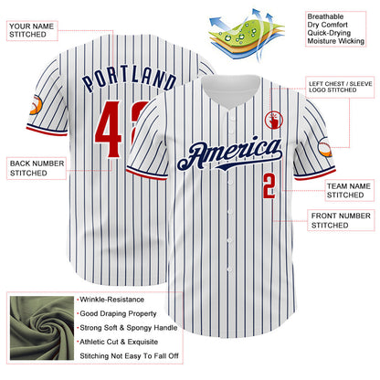 Custom White Navy Pinstripe Red Authentic Baseball Jersey