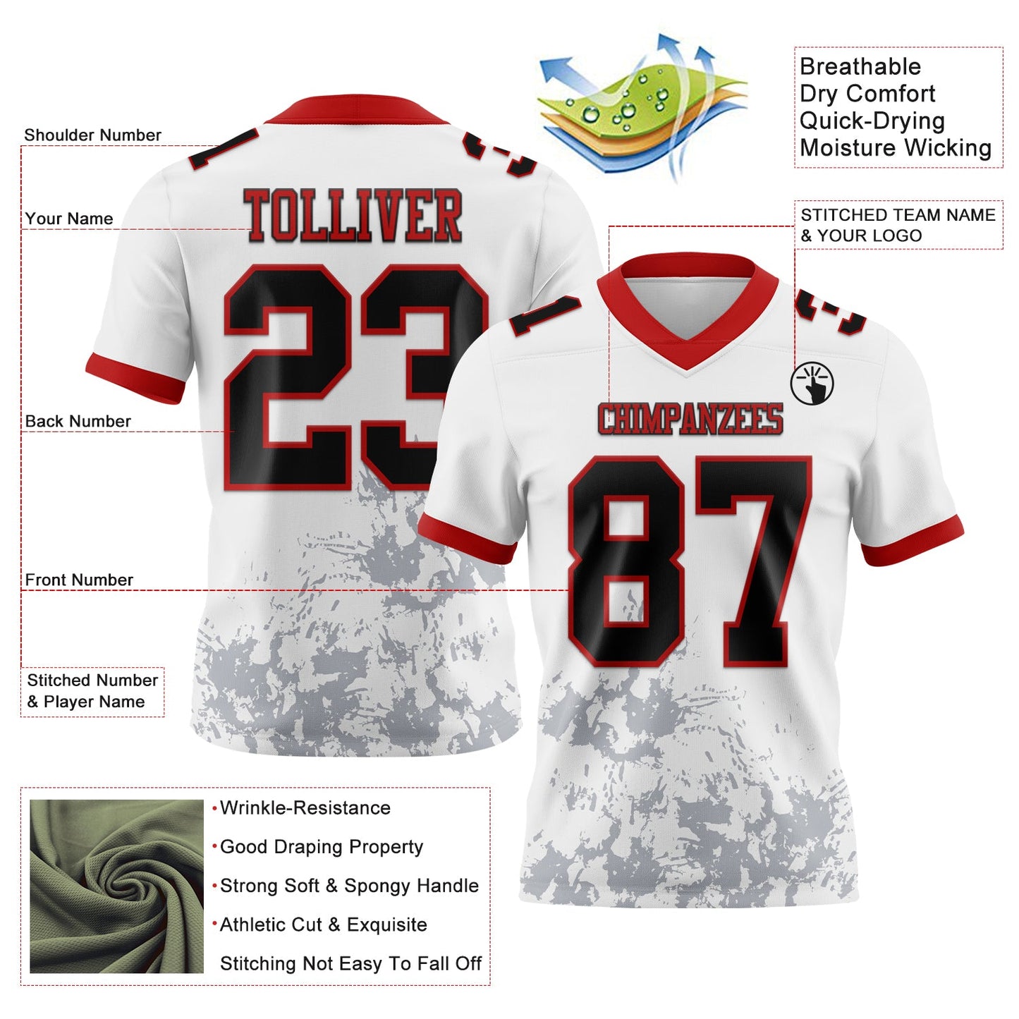 Custom White Black Gray-Red Splash Mesh Authentic Football Jersey