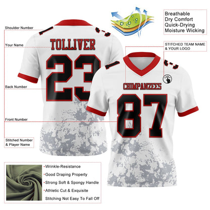 Custom White Black Gray-Red Splash Mesh Authentic Football Jersey