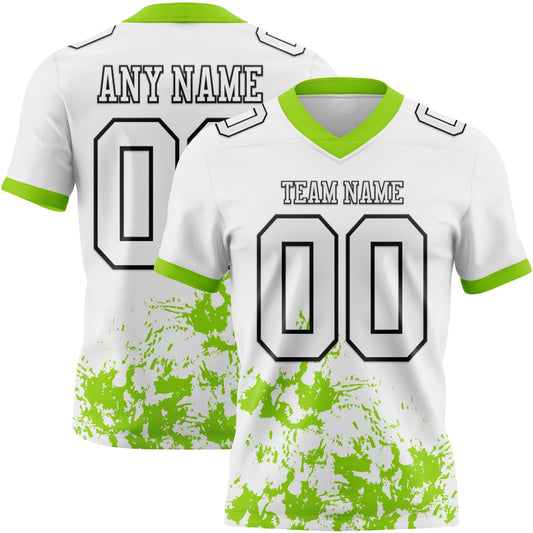 Custom White Neon Green-Black Splash Mesh Authentic Football Jersey