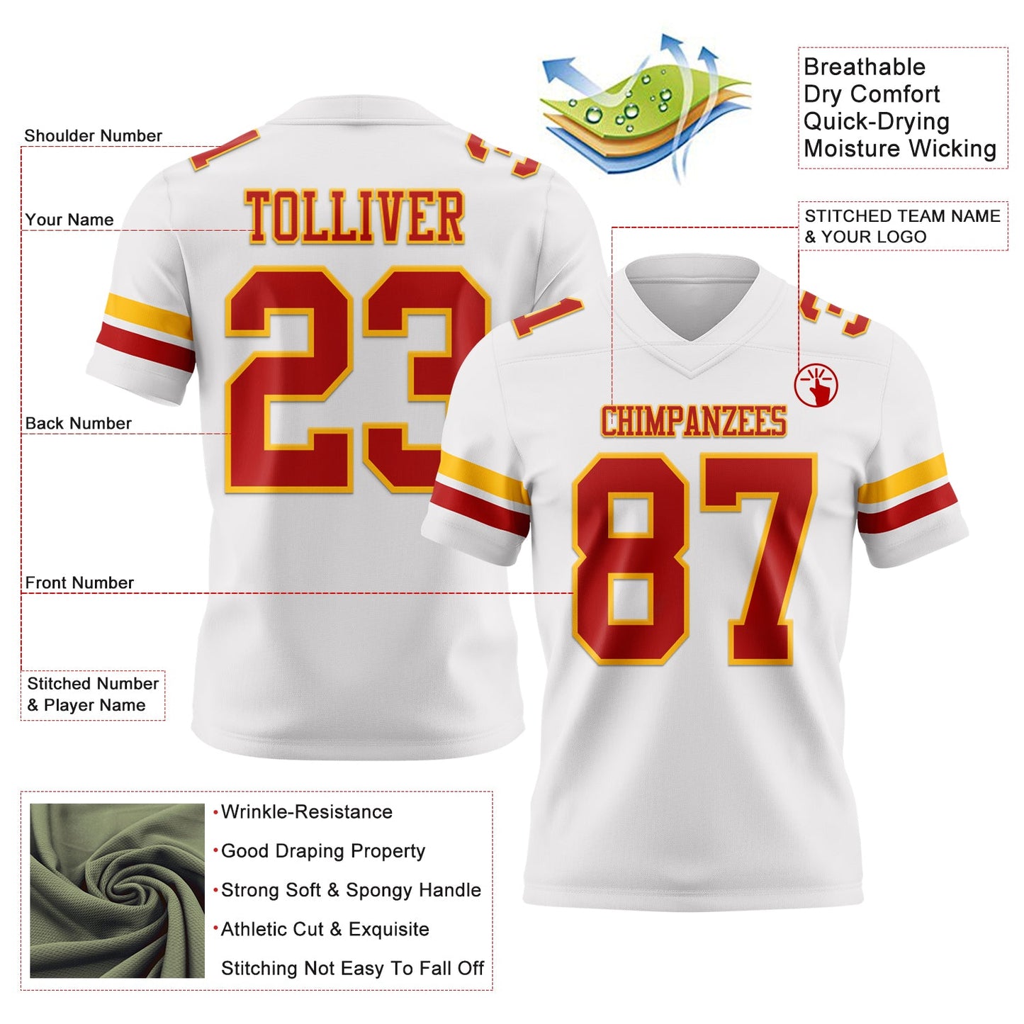 Custom White Red-Gold Mesh Authentic Football Jersey