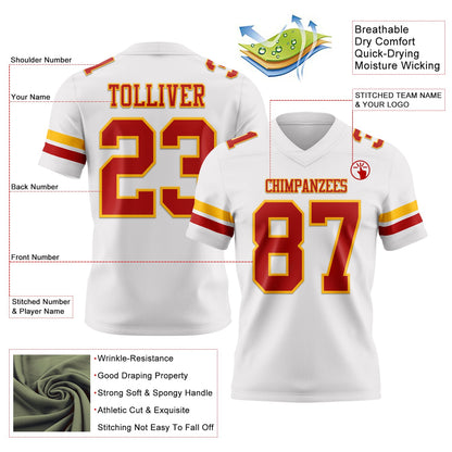 Custom White Red-Gold Mesh Authentic Football Jersey