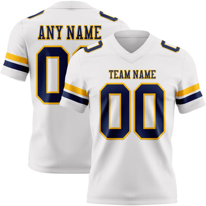 Custom White Navy-Gold Mesh Authentic Football Jersey