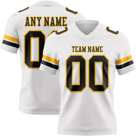 Custom White Black-Gold Mesh Authentic Football Jersey