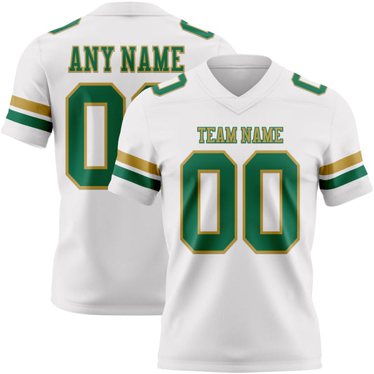 Custom White Kelly Green-Old Gold Mesh Authentic Football Jersey