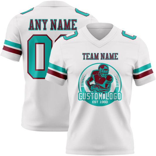 Custom White Aqua-Crimson Mesh Authentic Football Jersey