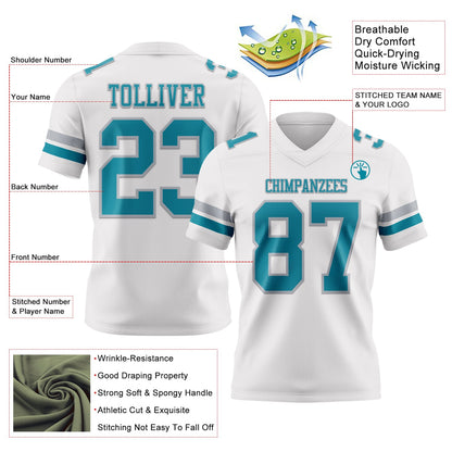 Custom White Teal-Gray Mesh Authentic Football Jersey
