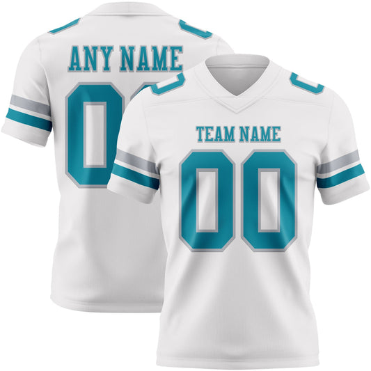 Custom White Teal-Gray Mesh Authentic Football Jersey