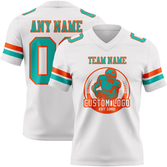 Custom White Aqua-Orange Mesh Authentic Football Jersey
