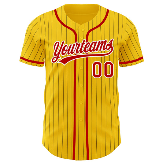 Custom Yellow Black Pinstripe Red-White Authentic Baseball Jersey