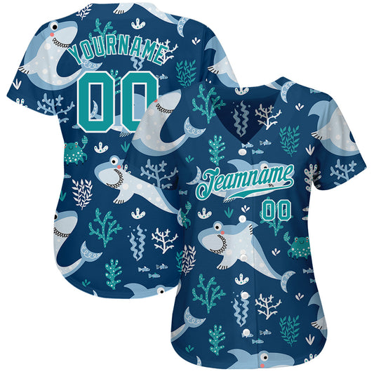 Custom Aqua Aqua-White 3D Pattern Design Sharks Authentic Baseball Jersey