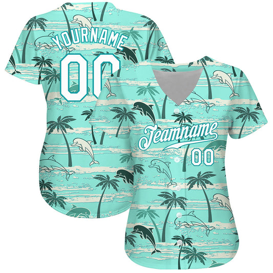 Custom Teal White-Aqua 3D Pattern Design Hawaii Palm Trees Authentic Baseball Jersey