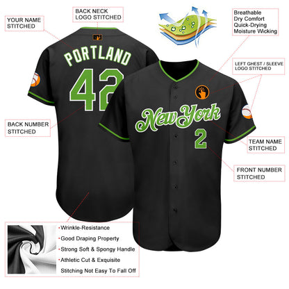 Custom Black Neon Green-White Authentic Baseball Jersey